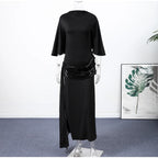 Backless Party Maxi Dress With O Neck Slim Pleated Ribbon Detail