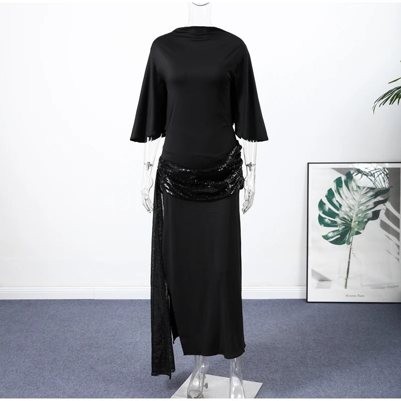 Backless Party Maxi Dress With O Neck Slim Pleated Ribbon Detail