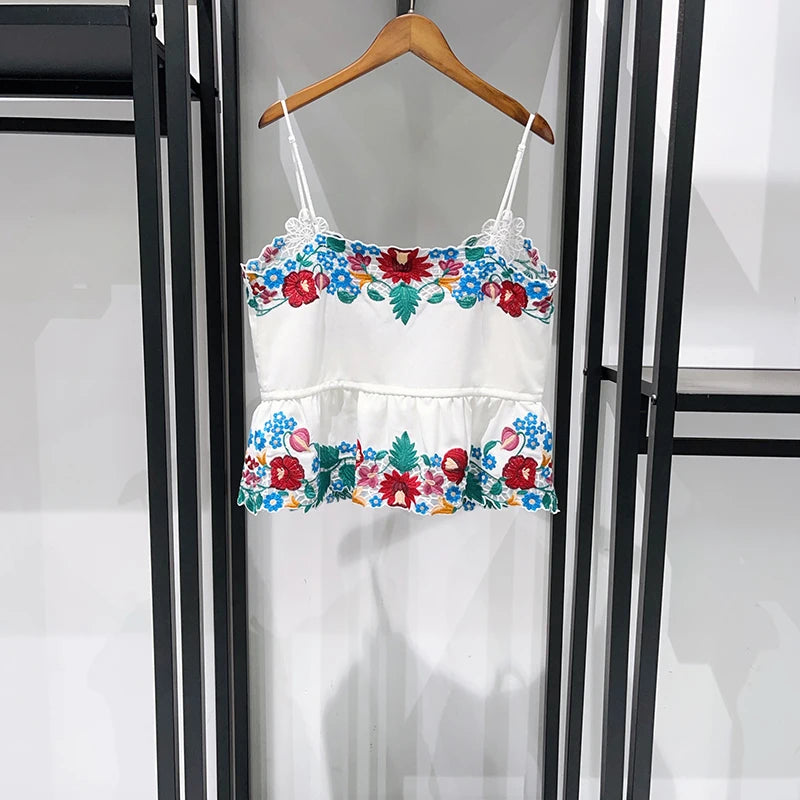 Romantic Floral Lace Embroidered Midi Set With Sleeveless Top And Side Slit Skirt