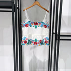 Romantic Floral Lace Embroidered Midi Set With Sleeveless Top And Side Slit Skirt