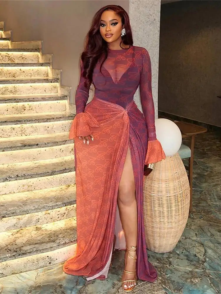 Vivid Patchwork See Through Dress With Flare Sleeves And Side Split