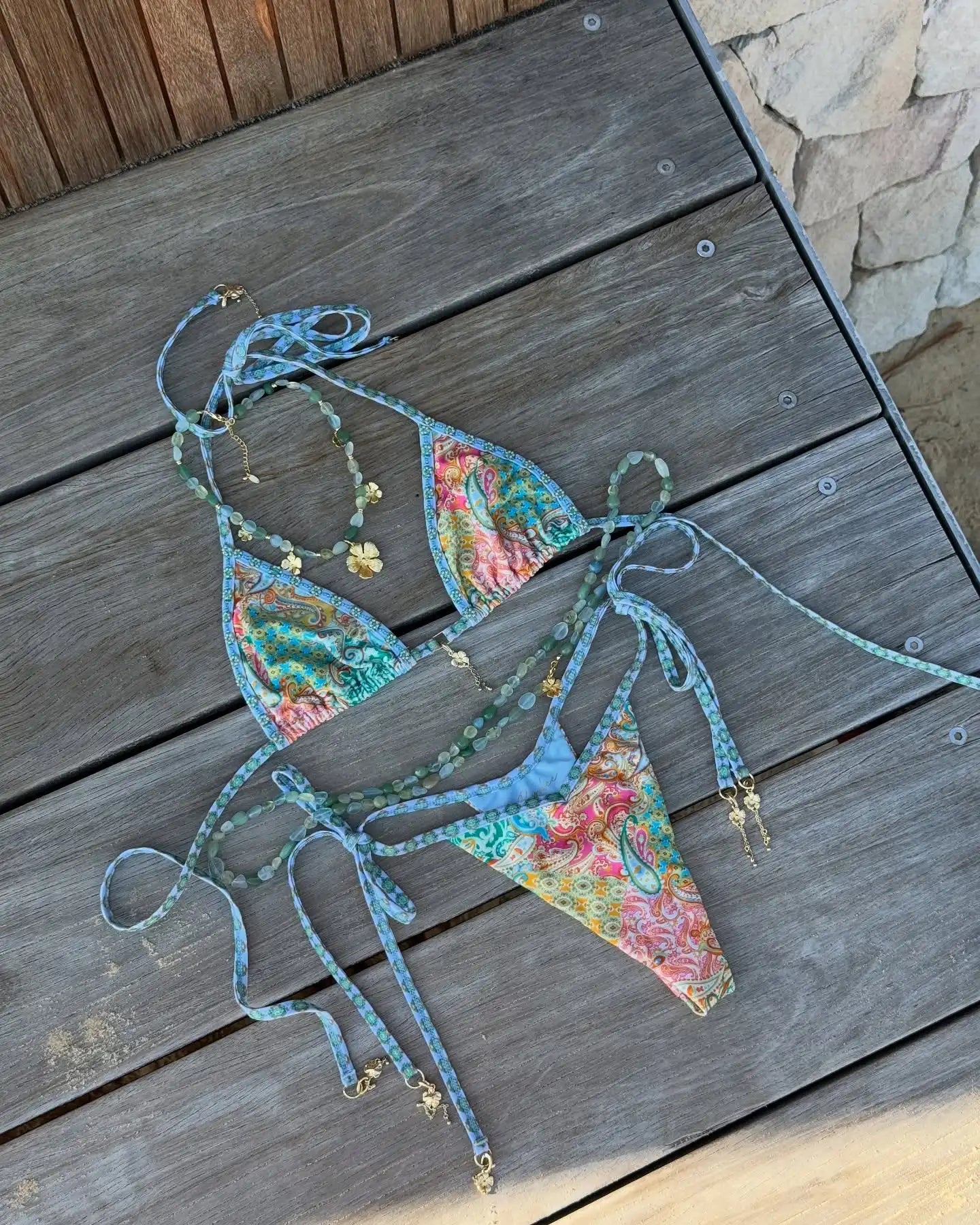 Triangle Striped Micro Bikini Set For Women