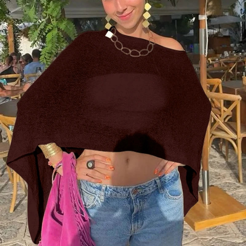 Off Shoulder Knit See Through Lightweight Pullover