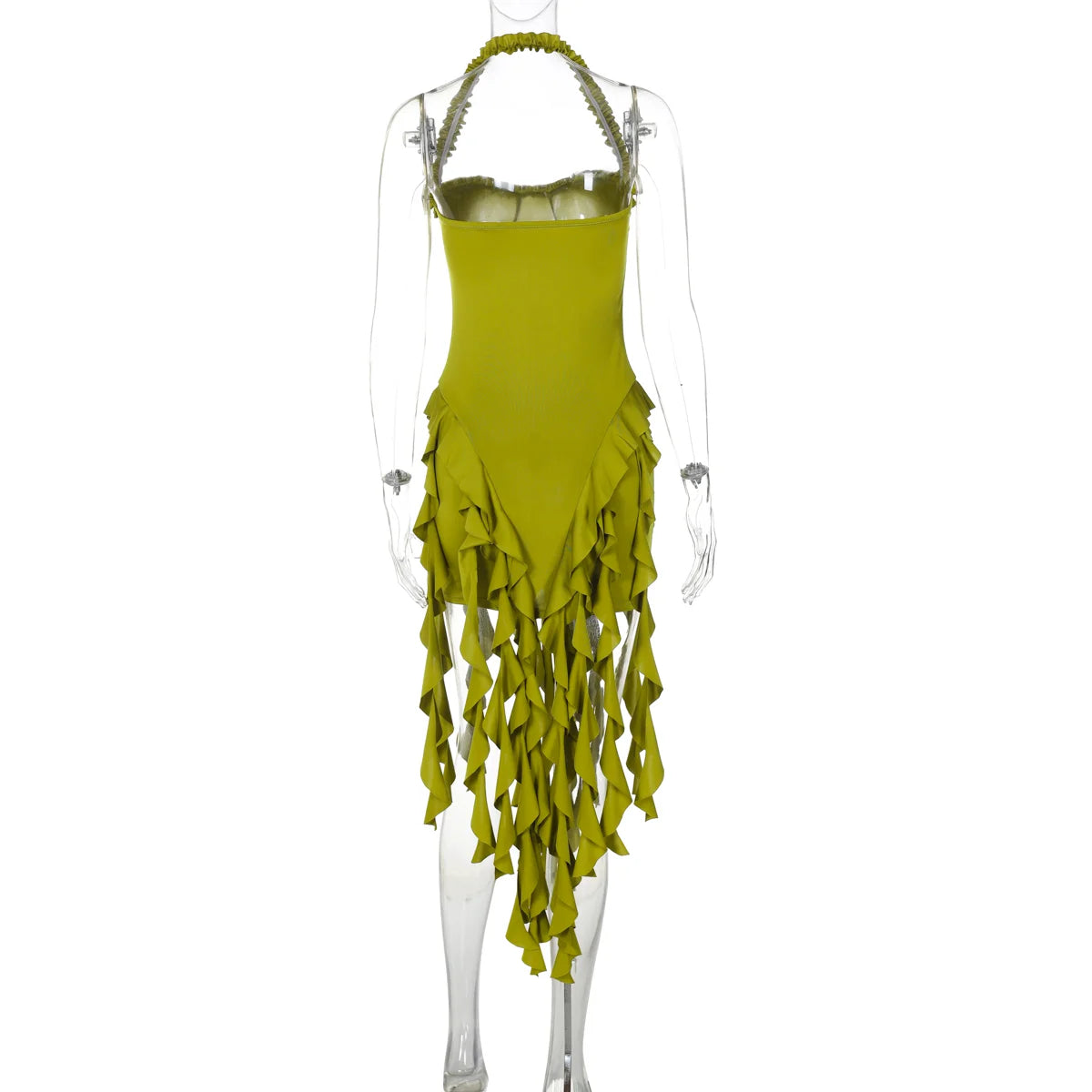 Elegant Halter Backless Ruffles Mini Dress Slim Fit With Tassel Detail