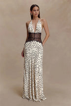 Polka Dot Backless Maxi Dress With Lace Patchwork Halter Neck Deep V Bodycon Evening Gown
