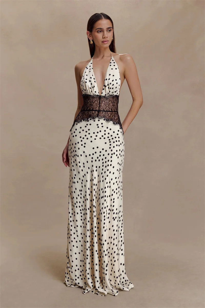 Polka Dot Backless Maxi Dress With Lace Patchwork Halter Neck Deep V Bodycon Evening Gown