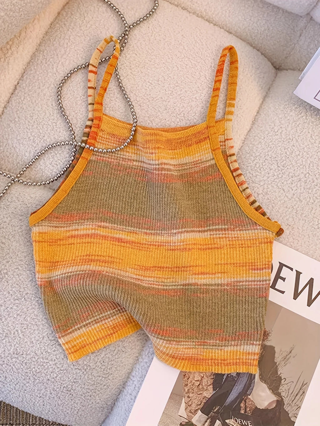 Striped Ribbed Knit Cami Top With Square Neck Sleeveless Rainbow Crop