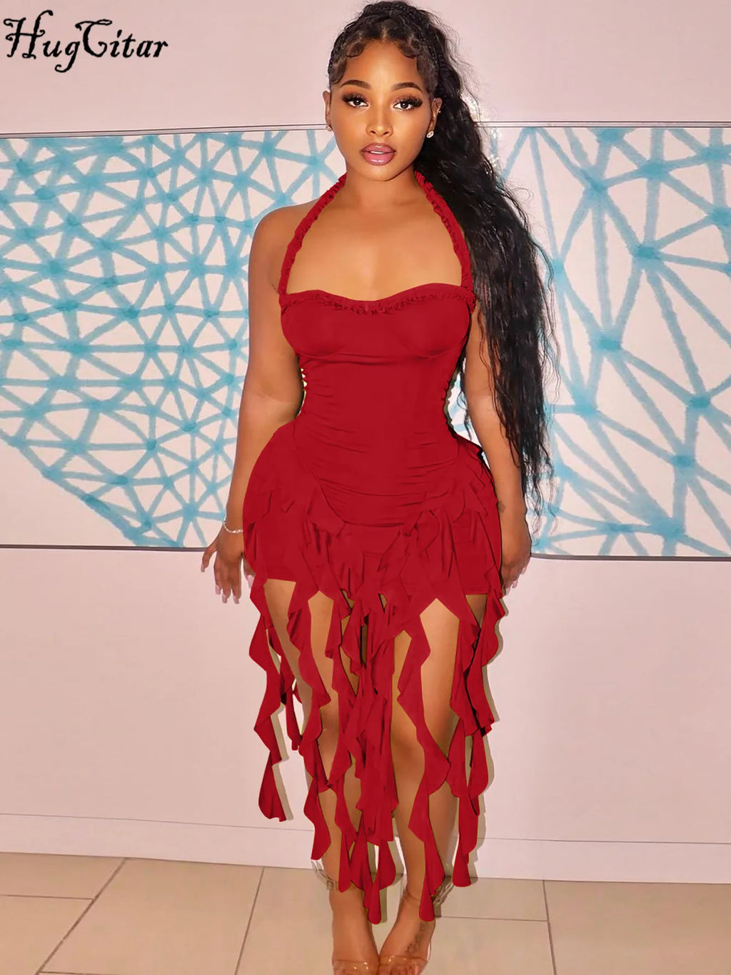 Elegant Halter Backless Ruffles Mini Dress Slim Fit With Tassel Detail