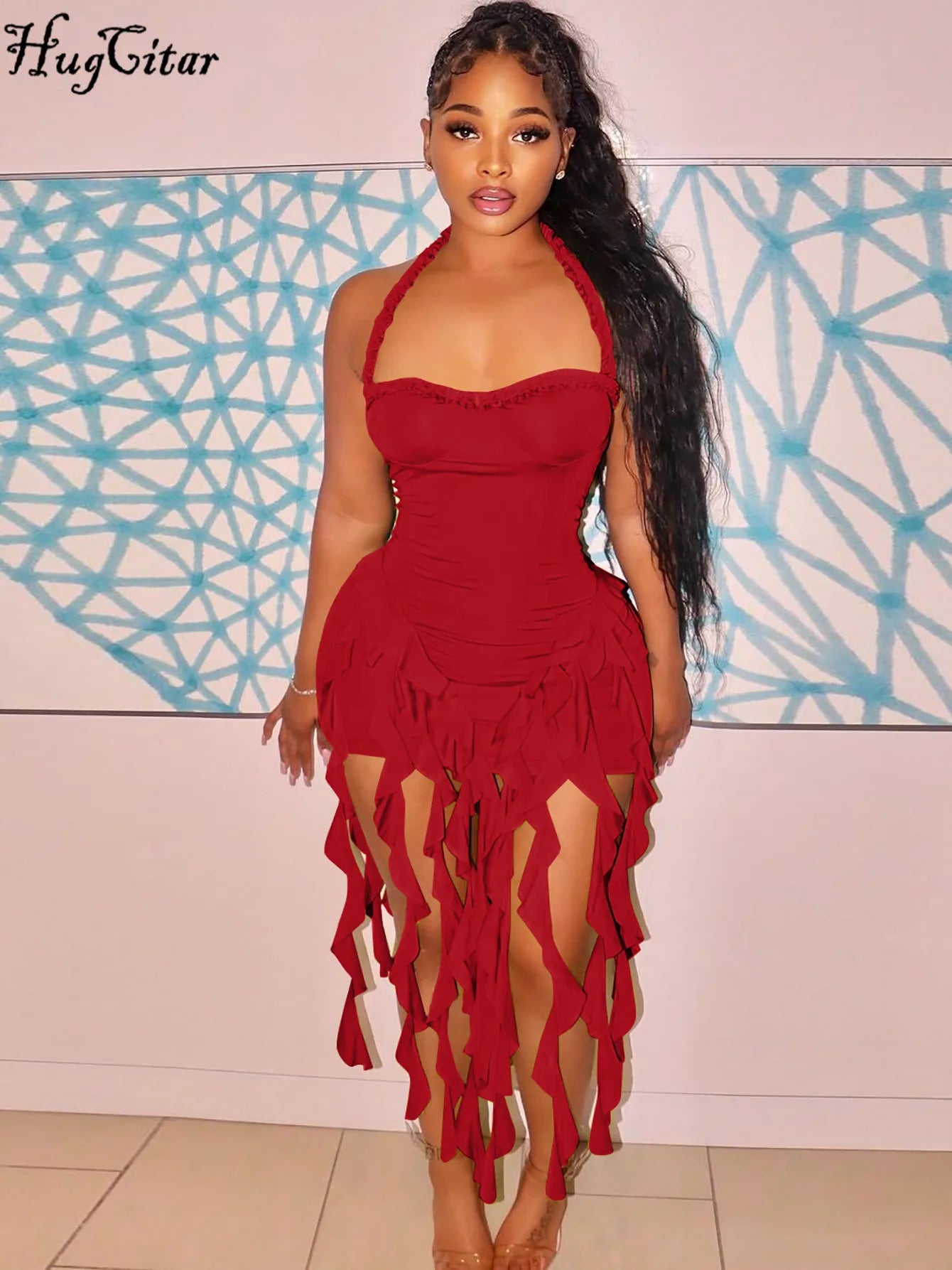 Elegant Halter Backless Ruffles Mini Dress Slim Fit With Tassel Detail