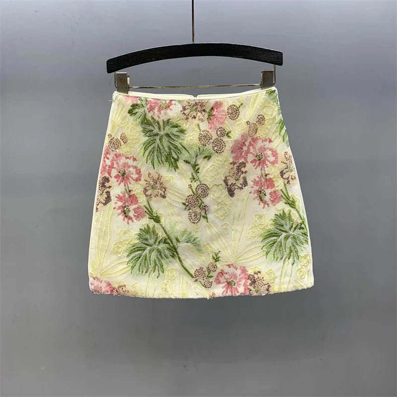 Floral Sequined Mini Skirt With High Waist Glam Inspired Retro Vibe