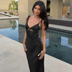 V Neck Cutout Lace Up Maxi Dress With Spaghetti Straps