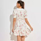 Puff Sleeves Ruffled Mini Dress With Pearl Buttons
