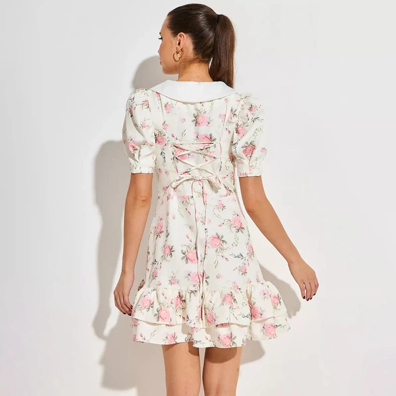 Puff Sleeves Ruffled Mini Dress With Pearl Buttons