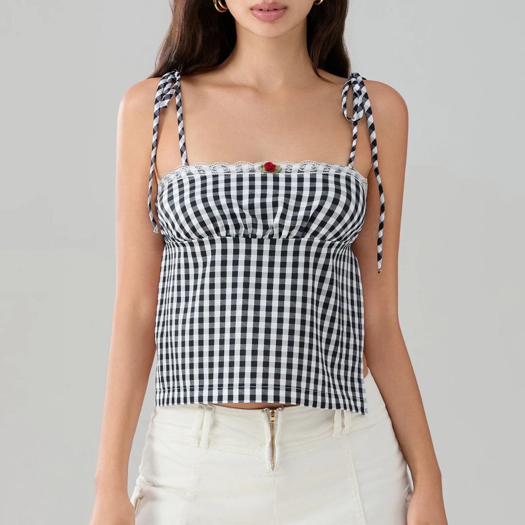 Sweet Open Back Camisole With Shirred Tie Up Spaghetti Straps Lace Trim And Square Neck
