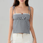 Sweet Open Back Camisole With Shirred Tie Up Spaghetti Straps Lace Trim And Square Neck