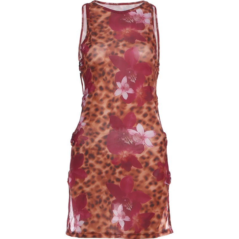 Leopard Print Mesh Patchwork Dress With Ring Details