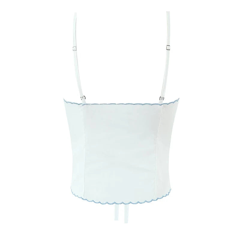 Wave Edged White Camis Sexy Bow V Neck Cotton Slim Crop Top
