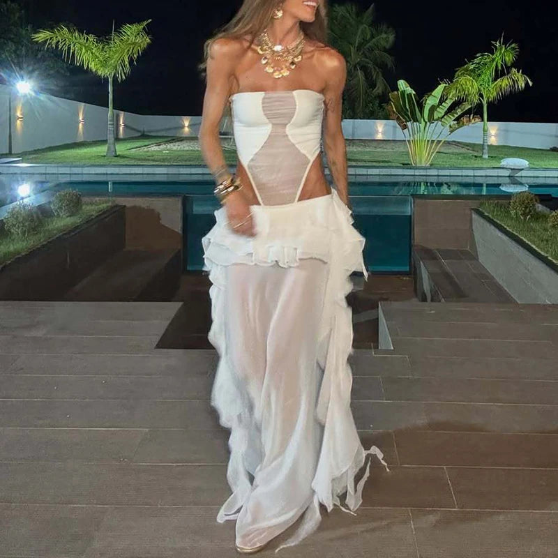 Ruffled Hollow Strapless Long Gown With Pleated Stitching Dress