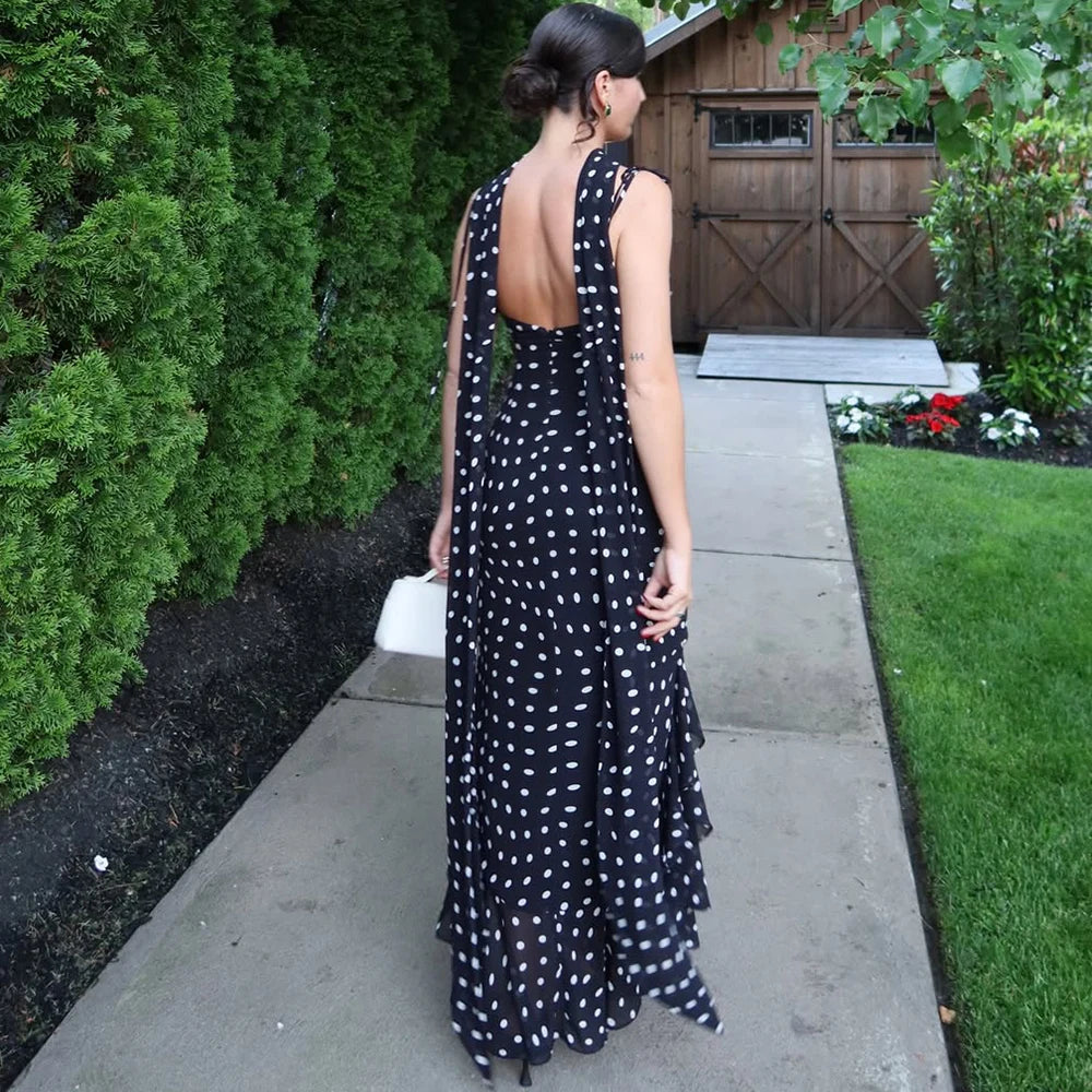 Elegant Polka Dot Halter Sleeveless Maxi Dress With Pleated Skirt And Ribbon Scarf