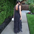 Elegant Polka Dot Halter Sleeveless Maxi Dress With Pleated Skirt And Ribbon Scarf
