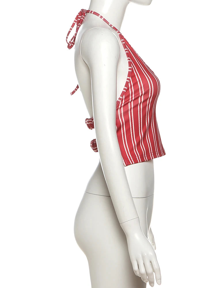 Bold Stripe Halter Two Piece Beach Vacation Outfit