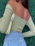 Hollow Out V Neck Ribbed Backless Crop Top With Long Sleeves And Square Collar
