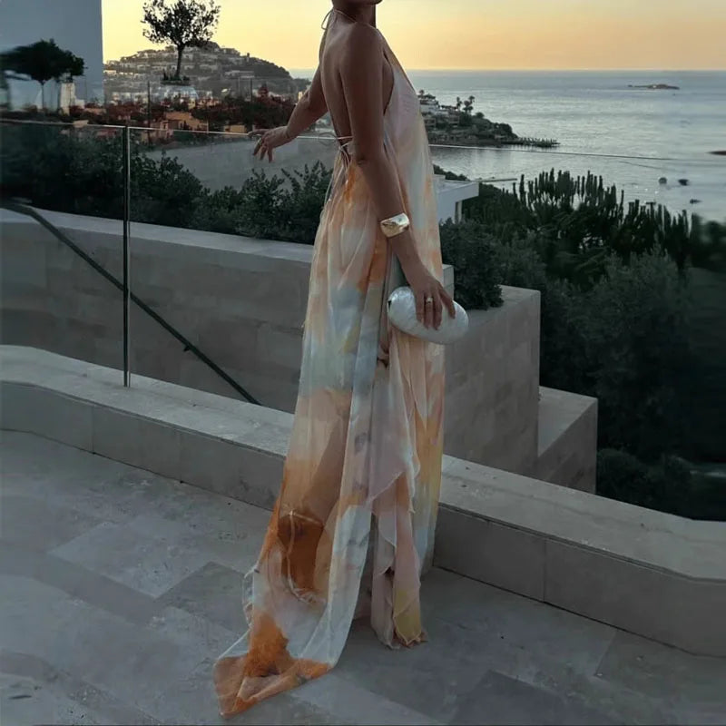 Bohemian Patterned Maxi Dress With Backless Halter Sleeveless