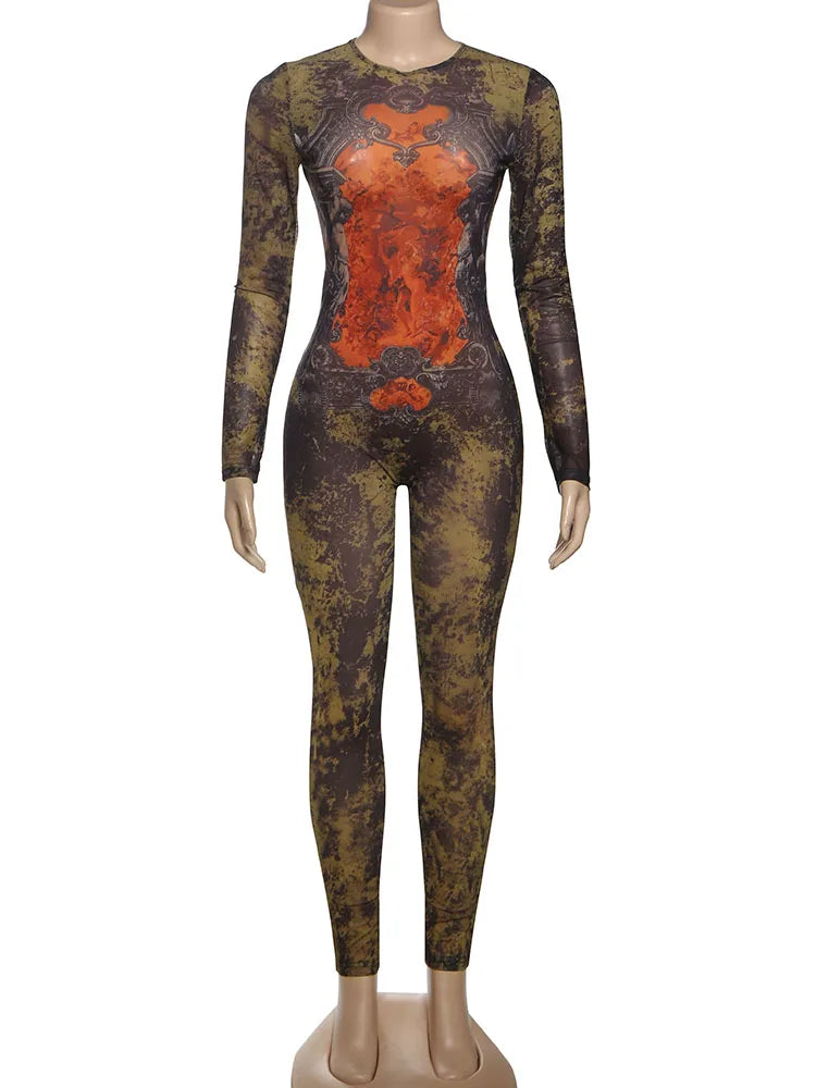Tie Dye Jumpsuit With O Neck Zip Front Slim Streetwear Overalls