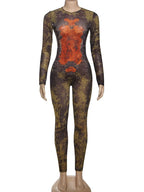 Tie Dye Jumpsuit With O Neck Zip Front Slim Streetwear Overalls