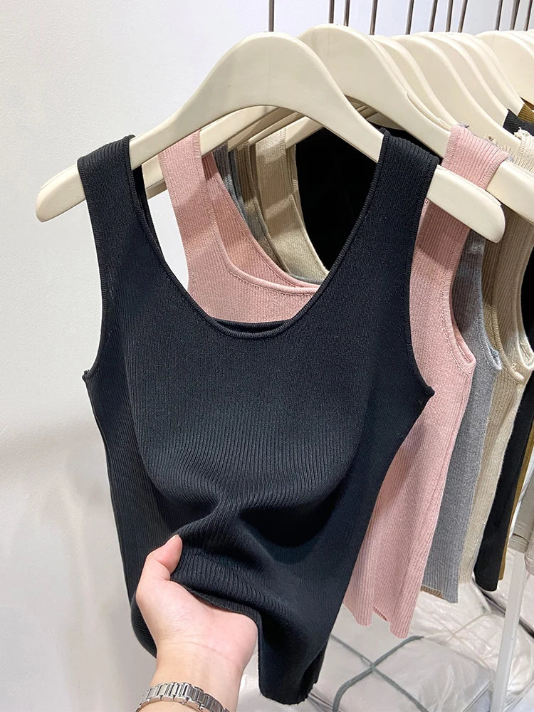 Knitted Strap Top With Clavicle Square Collar