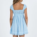 Backless Babydoll Dress With Jacquard Eyelet Lace Square Neck Frill Bust High Waist A Line Sundress