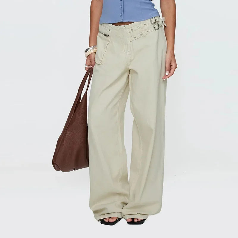 Street Style Mid Rise Wide Leg Denim Pants With Deep Pockets