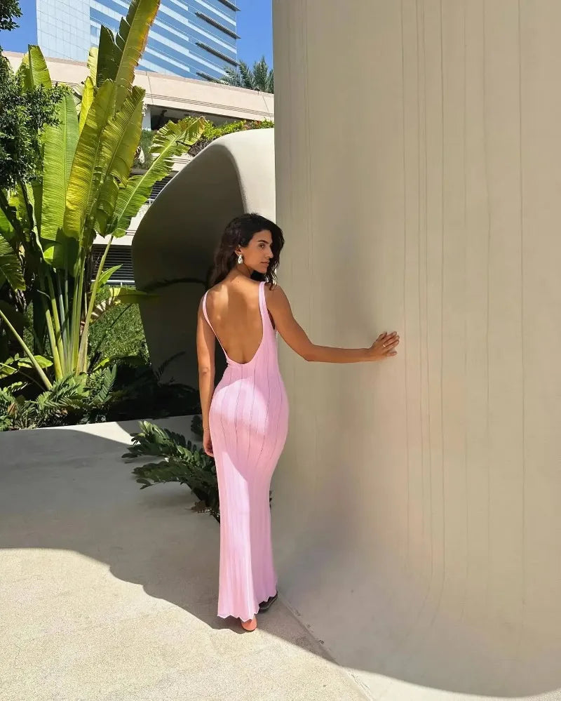 Backless Knit Maxi Dress With V Neck Sleeveles Long Gown