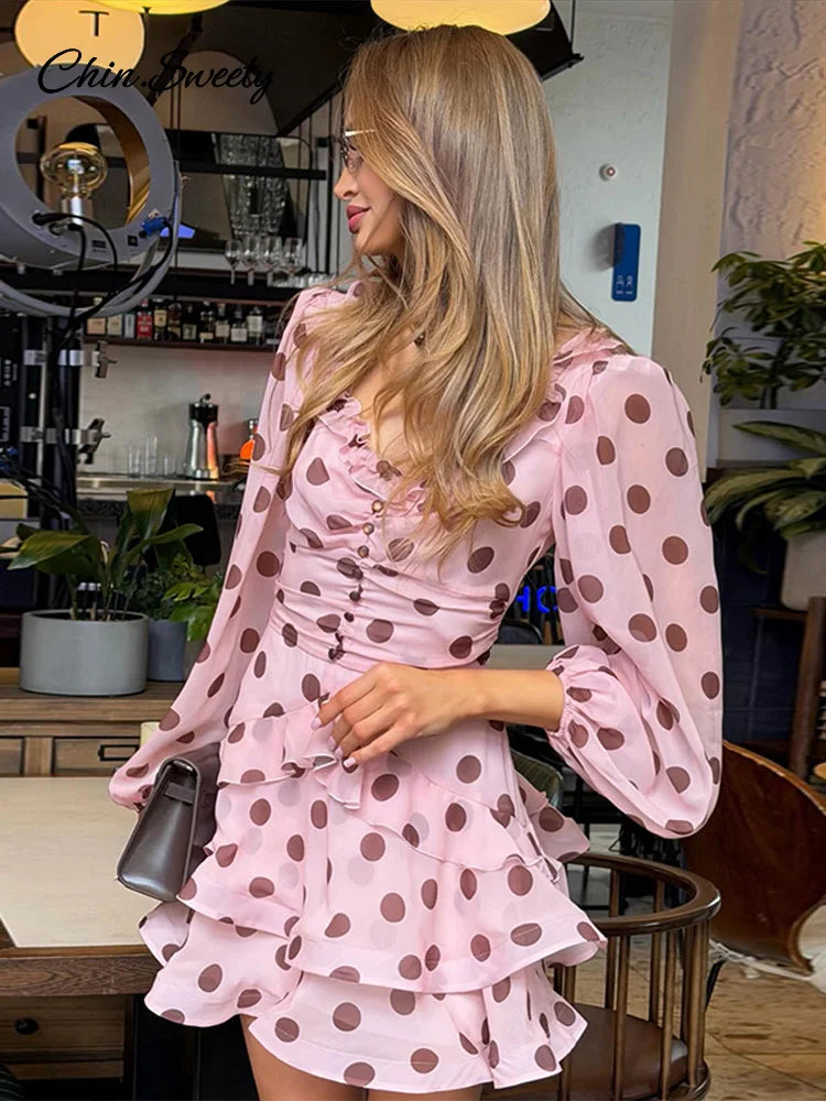 Polka Dot Pink Ruffle Sleeve S Line Dress For Women Elegant Gown