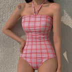 Plaid Push Up Backless One Piece Swimsuit