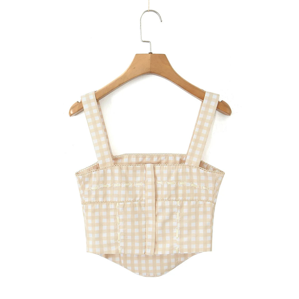 Pink Plaid Crop Top With Slash Collar