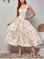 Floral Halter Midi Dress With Spaghetti Straps, Backless Corset Waist Tie Up Detail