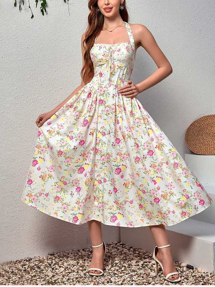 Floral Halter Midi Dress With Spaghetti Straps, Backless Corset Waist Tie Up Detail
