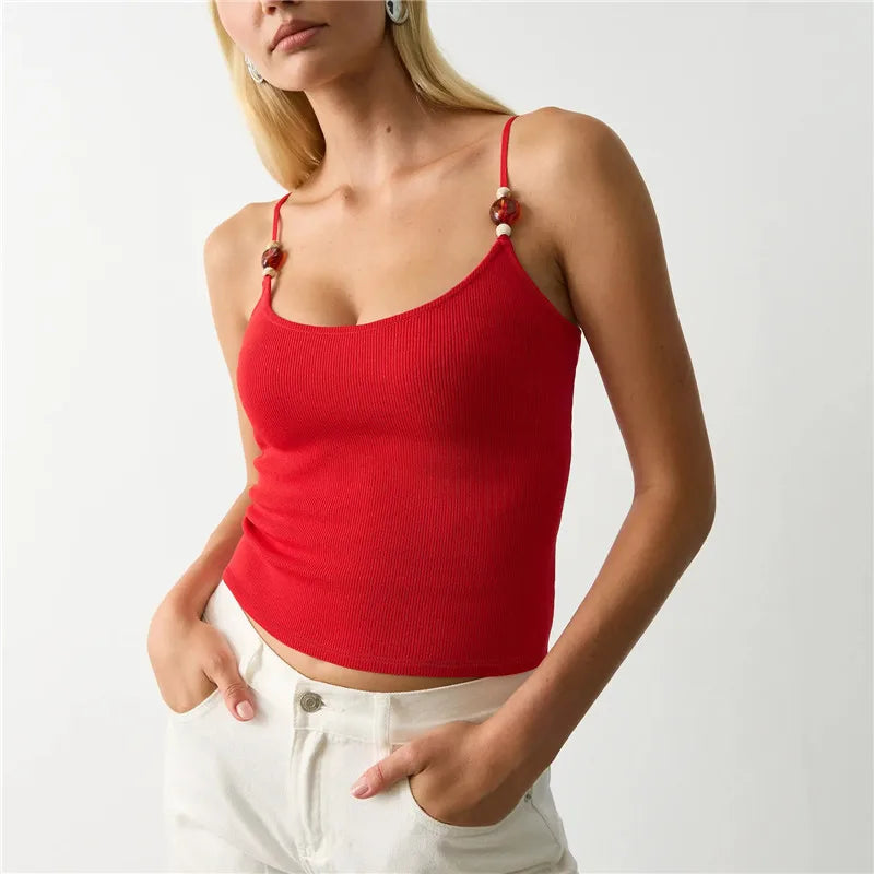 Bead Front Spaghetti Strap Cami Top Casual Sleeveless Crop Top Slim Fit