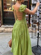 Vibrant Lace Up Back A Line Dress With Short Sleeves