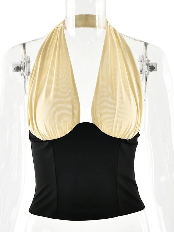 Halter Backless Patchwork Crop Top Sleeveless Cinched Waist