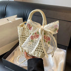 Lace Bow Straw Weave Crossbody Bag Summer Beach Style Small Bucket Elegant And Lightweight