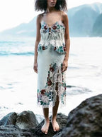 Romantic Floral Lace Embroidered Midi Set With Sleeveless Top And Side Slit Skirt