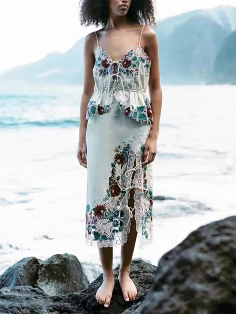 Romantic Floral Lace Embroidered Midi Set With Sleeveless Top And Side Slit Skirt