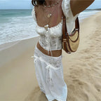 Women Two Piece Set White Lace Patchwork Off Shoulder Short Sleeve Crop Top With Long Skirt