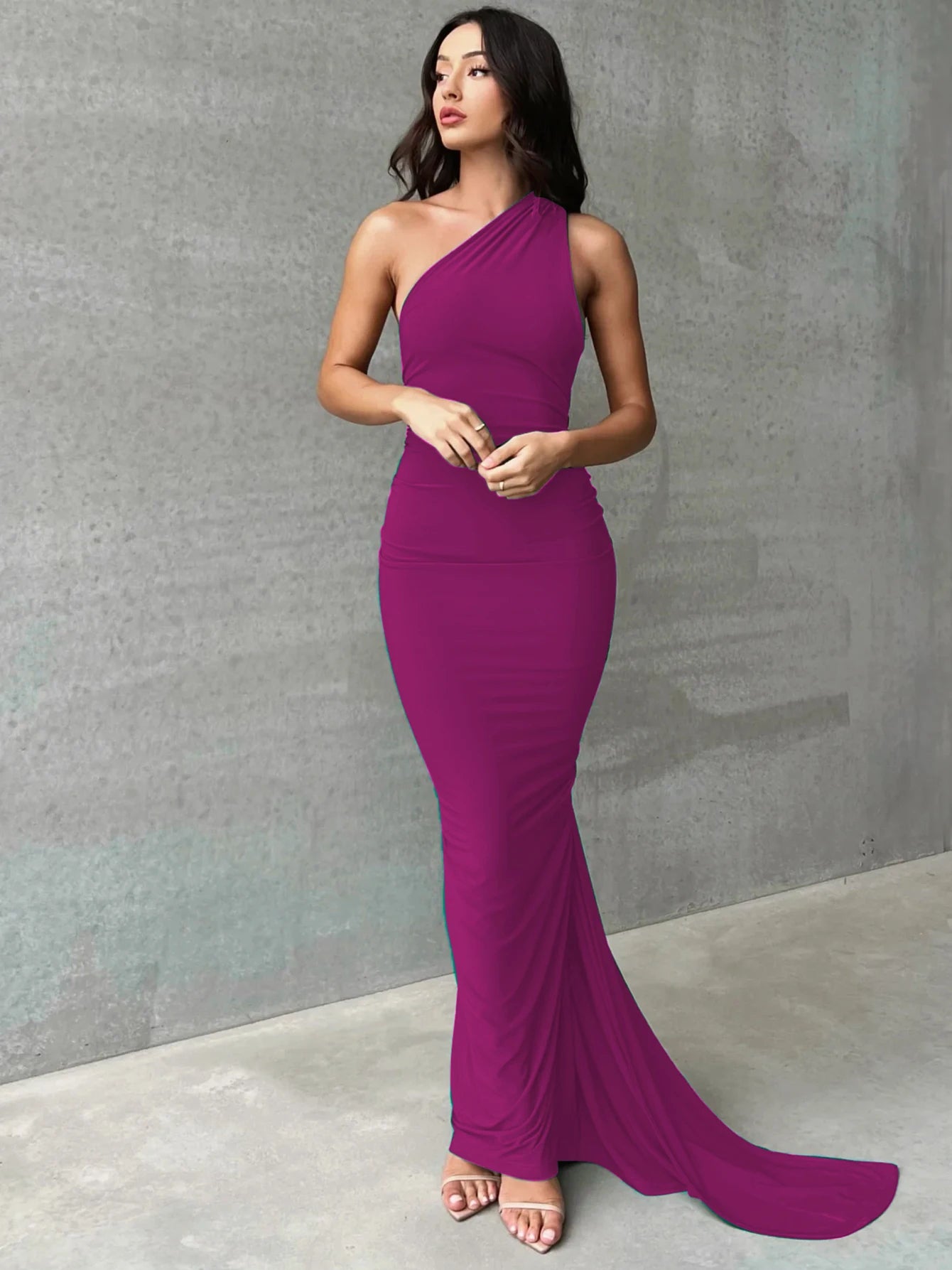 One Shoulder Backless Ruched Slim Long Dress