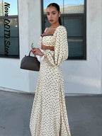 Polka Dot Two-piece Set Square Neck Puff Sleeve Cropped Top With Lace Trim Maxi Skirt
