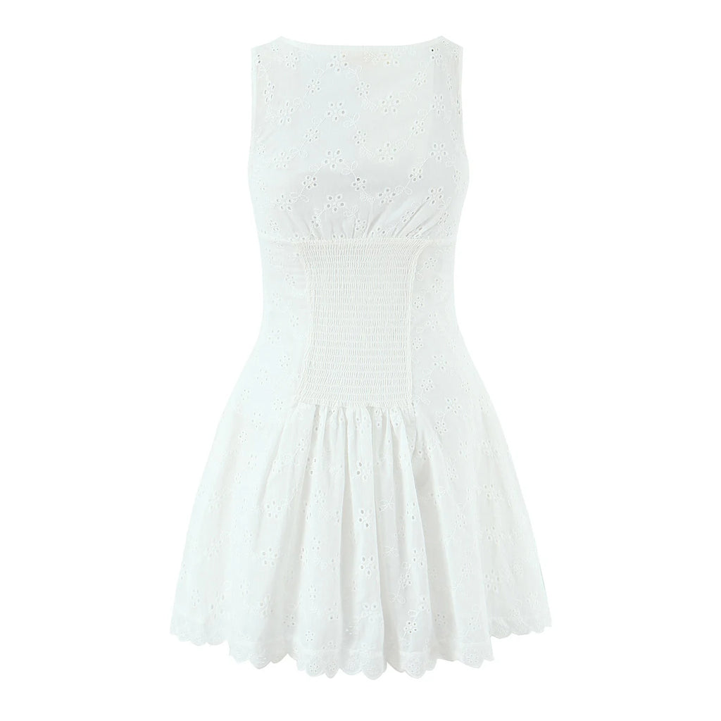 White Embroidered Lace V Neck Mini Dress With Hollow Out Detail And Back Zipper Closure