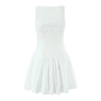 White Embroidered Lace V Neck Mini Dress With Hollow Out Detail And Back Zipper Closure