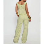 Striped Set With Backless V Neck Crop Top And Bow Belted Straight Pants